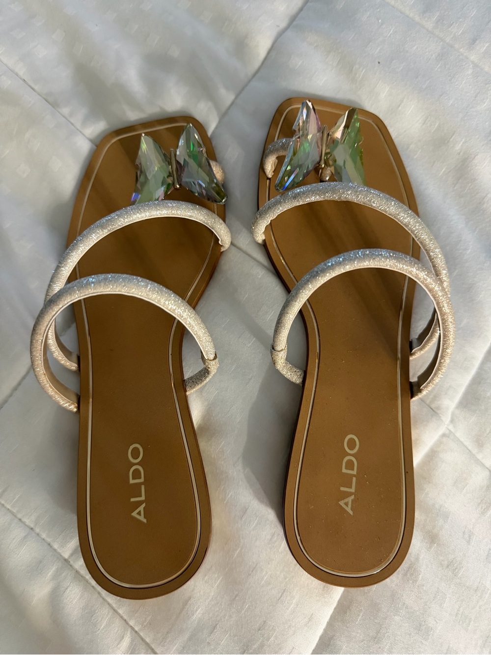 ALDO Tan Slide Sandals with Iridescent Crystal Accents